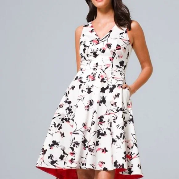 White House Black Market Ecru & Goddess Floral Sateen Fit & Flare Dress Sz8P NWT - Picture 2 of 15